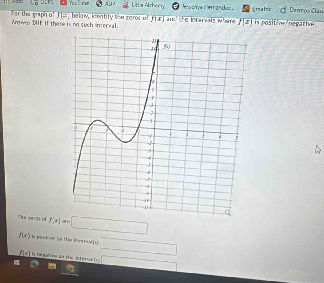 Apps YouTube AUP Little Alchemy Jessenya Hernandez... gmetric Desmos Class
For the graph of f(x) below, identify the zeros of f(x) and the intervals where f(x) is positive/negative.
Answer DNE if there is no such interval.
The zeros of f(x) are □
f(x) is positive on the inverval(s) □
f(x) ls negative on the interval(s) □