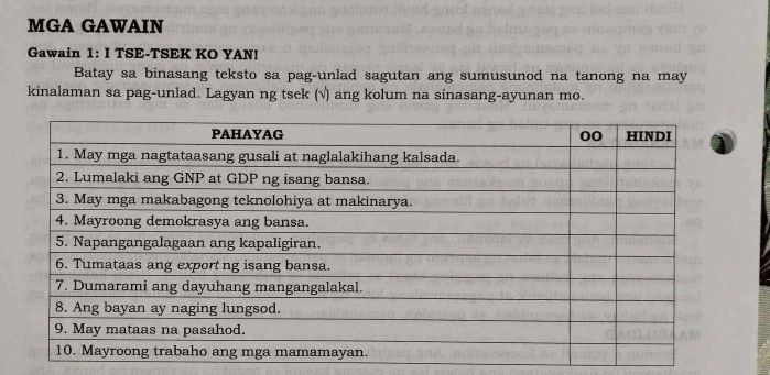 MGA GAWAIN 
Gawain 1: I TSE-TSEK KO YAN! 
Batay sa binasang teksto sa pag-unlad sagutan ang sumusunod na tanong na may 
kinalaman sa pag-unlad. Lagyan ng tsek (√) ang kolum na sinasang-ayunan mo.