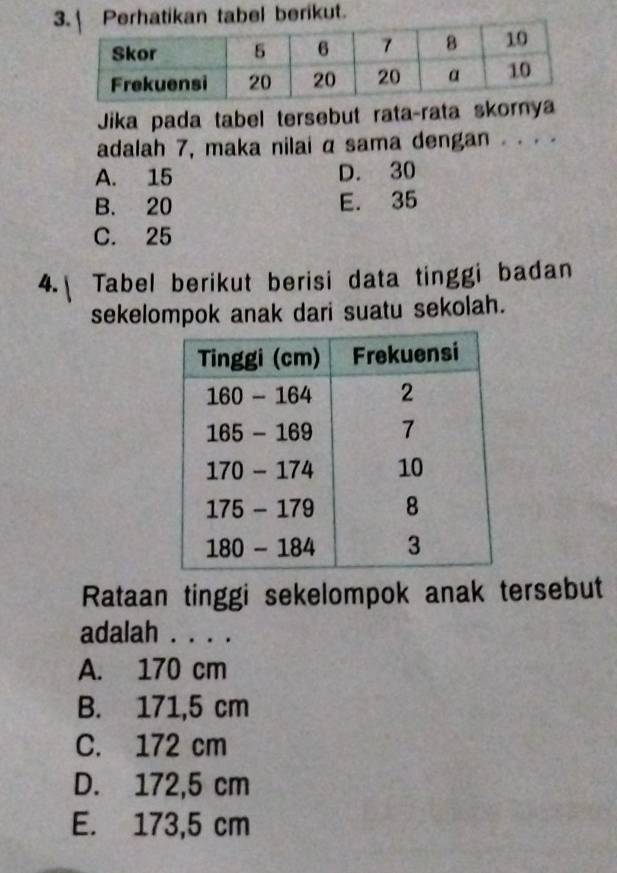 3tikan tabel berikut.
Jika pada tabel tersebut rata-rata skornya
adalah 7, maka nilai α sama dengan .. . .
A. 15 D. 30
B. 20 E. 35
C. 25
4. Tabel berikut berisi data tinggi badan
sekelompok anak dari suatu sekolah.
Rataan tinggi sekelompok anak tersebut
adalah . . . .
A. 170 cm
B. 171,5 cm
C. 172 cm
D. 172,5 cm
E. 173,5 cm