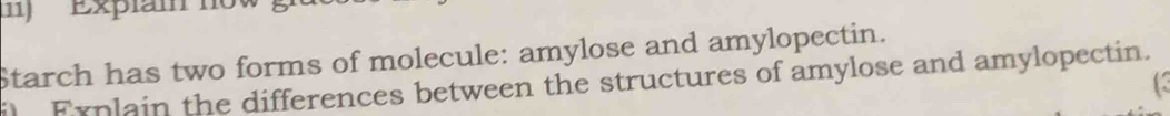 I1) Explam now 
Starch has two forms of molecule: amylose and amylopectin. 
Explain the differences between the structures of amylose and amylopectin. 
C