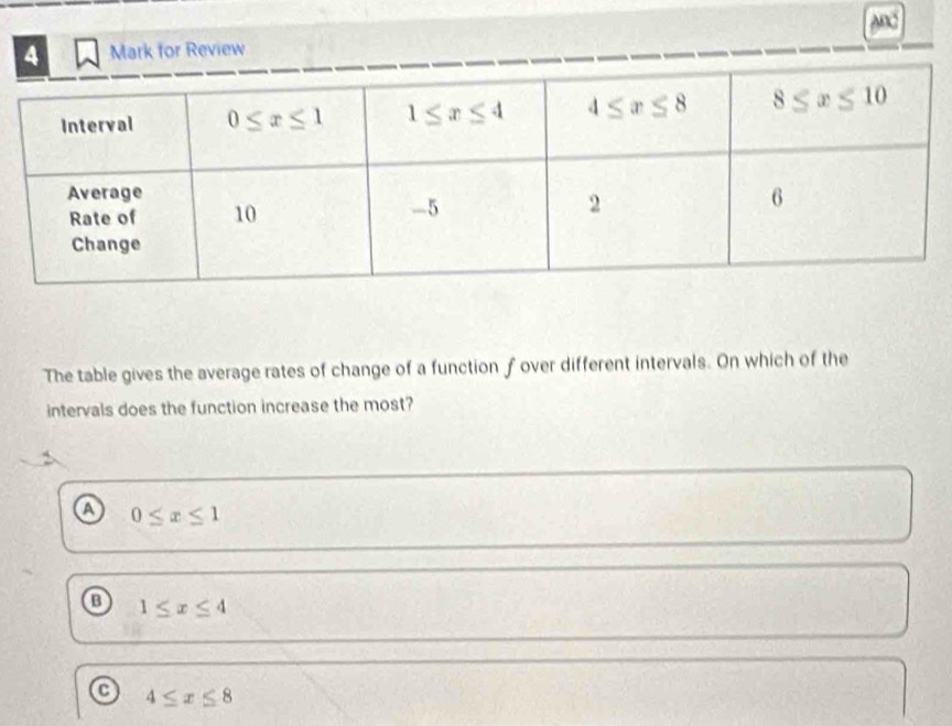 ABC
4 Mark for Review
The table gives the average rates of change of a function f over different intervals. On which of the
intervals does the function increase the most?
a 0≤ x≤ 1
1≤ x≤ 4
4≤ x≤ 8