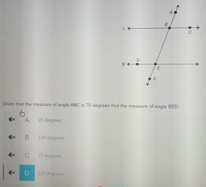 Solved: Given that the measure of angle ABC is 70 degrees find the ...