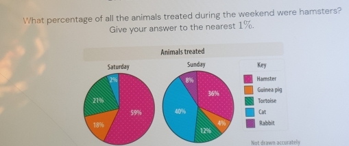 What percentage of all the animals treated during the weekend were hamsters? 
Give your answer to the nearest 1%. 
Not drawn accuratelly