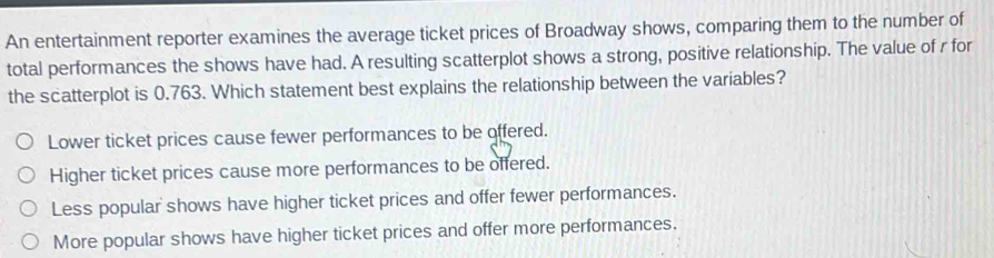 An entertainment reporter examines the average ticket prices of Broadway shows, comparing them to the number of
total performances the shows have had. A resulting scatterplot shows a strong, positive relationship. The value of r for
the scatterplot is 0.763. Which statement best explains the relationship between the variables?
Lower ticket prices cause fewer performances to be offered.
Higher ticket prices cause more performances to be offered.
Less popular shows have higher ticket prices and offer fewer performances.
More popular shows have higher ticket prices and offer more performances.