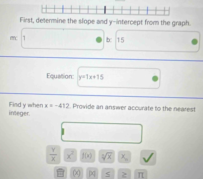 First, determine the slope and y-intercept from the graph. 
m: 1 b: 15
Equation: y=1x+15
Find y when x=-412. Provide an answer accurate to the nearest 
integer.
 Y/X  x^2 f(x) sqrt[n](x) X_n
' A |X| ≤ > π