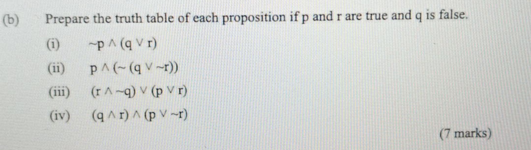 Prepare the truth table of each proposition if p and r are true and q is false. 
(i) sim pwedge (qvee r)
(ii) pwedge (sim (qvee sim r))
(iii) (rwedge sim q)vee (pvee r)
(iv) (qwedge r)wedge (pvee sim r)
(7 marks)