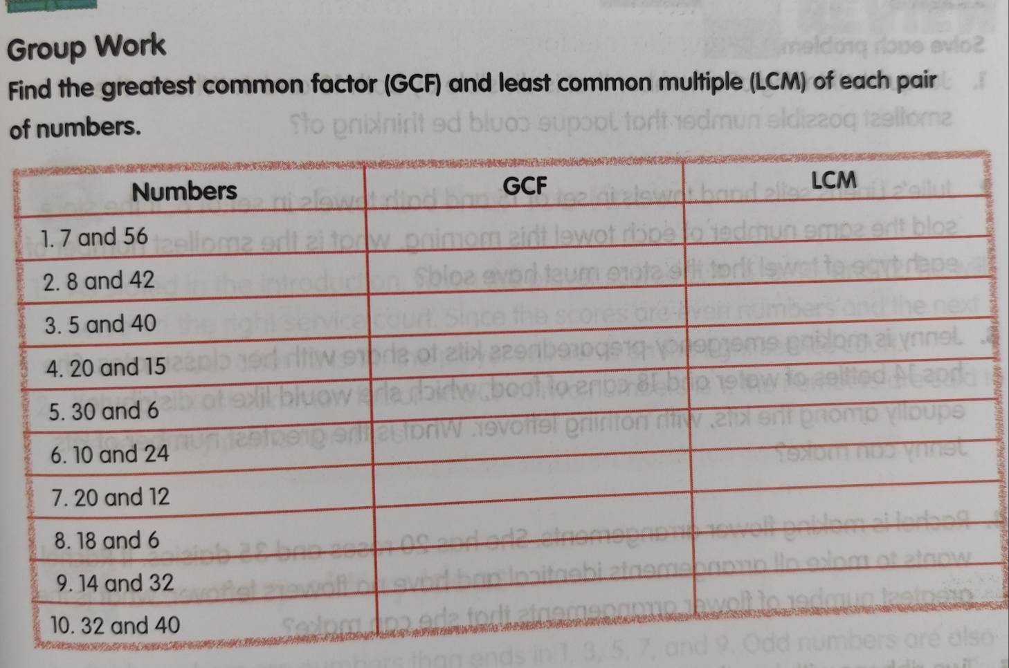 Group Work 
Find the greatest common factor (GCF) and least common multiple (LCM) of each pair 
of numbers.