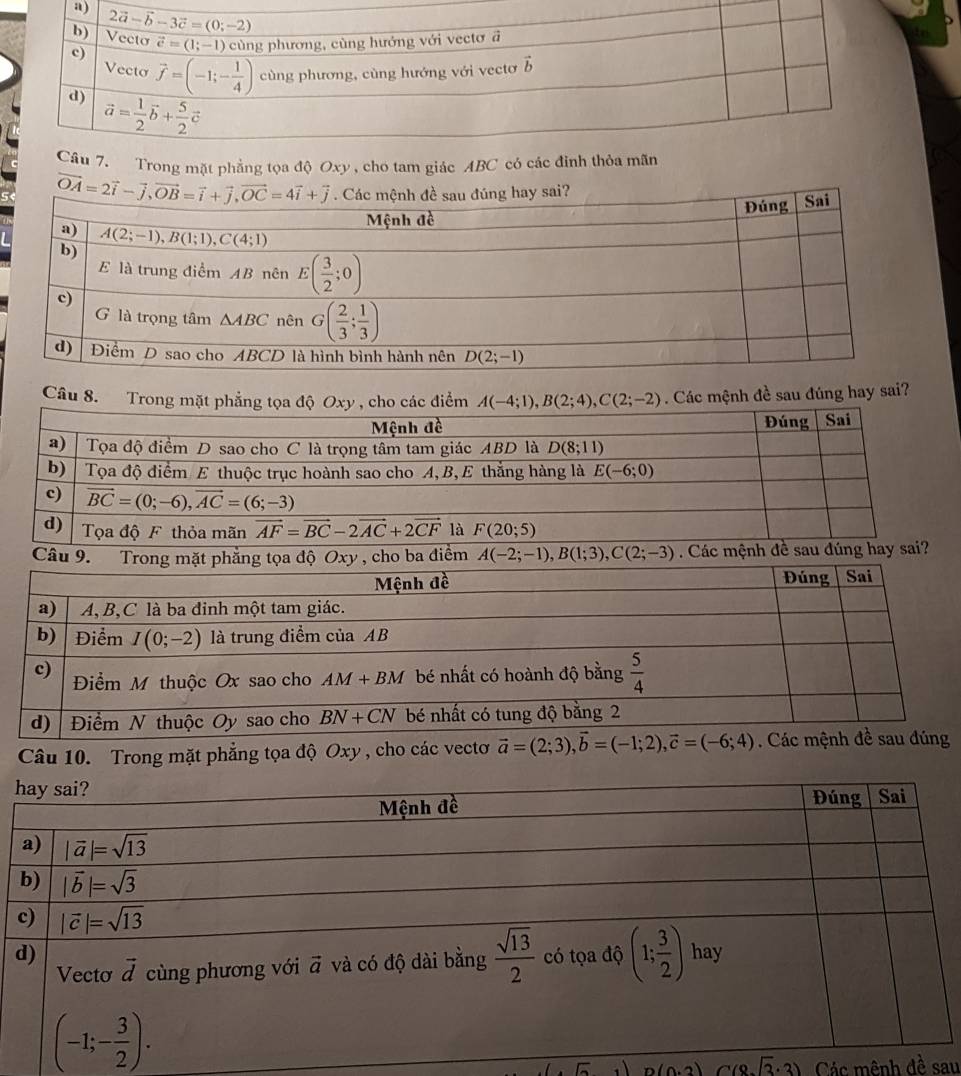 Trong mặt phẳng tọa độ Oxy , cho tam giác ABC có 
Câu 8. Trong mặt phẳng tcác điểm . Các mệnh đề sau đúng hay sai?
Ca điểm A(-2;-1),B(1;3),C(2;-3). Các mệnh đề sau đúng hay sai?
Câu 10. Trong mặt phẳng tọa độ Oxy , cho các vectơ vector a=(2;3),vector b=(-1;2),vector c=(-6;4). Các m
□ n(0,2) Cl8. sqrt(3)· 3) Các mênh đề sau