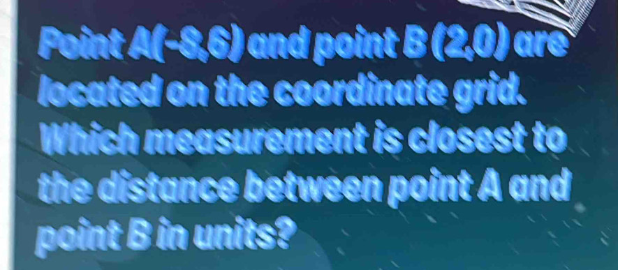 Point A(-! sqrt() 6) and point B(2,0)are
located on the coordinate grid. 
Which measurement is closest to 
the distance between point A and 
point B in units?