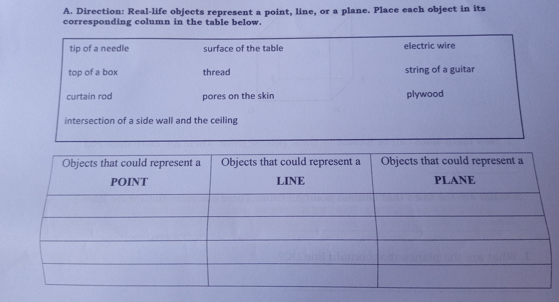 Solved: Direction: Real-life objects represent a point, line, or a ...