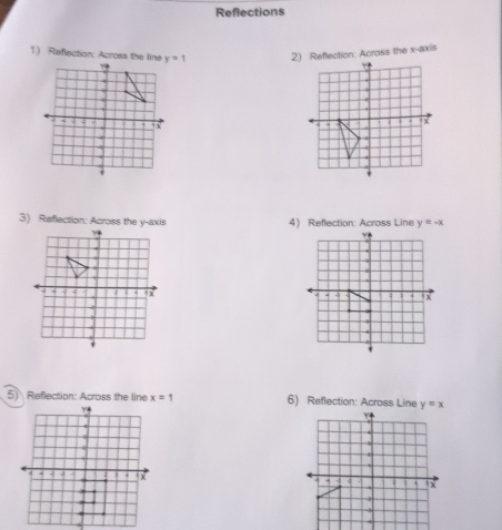 Reflections 
1) Reflection: Across the line y=1 2Reflection: Across the x-axis 
3) Reflection: Across the y-axis 4) Reflection: Across Line y=-x
5) Reflection: Across the line x=1 6) Reflection: Across Line y=x