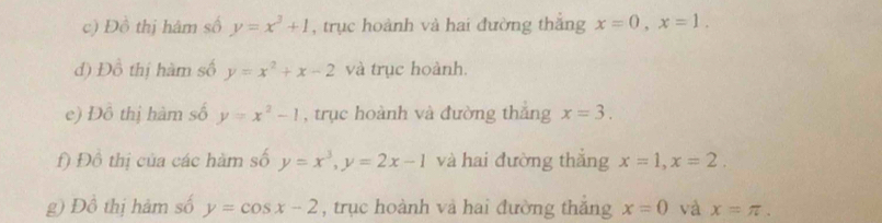 Đồ thị hâm số y=x^3+1 , trục hoành và hai đường thắng x=0, x=1. 
đ) Đồ thị hàm số y=x^2+x-2 và trục hoành. 
e) Đồ thị hàm số y=x^2-1 , trục hoành và đường thắng x=3. 
f) Đồ thị của các hàm số y=x^3, y=2x-1 và hai đường thắng x=1, x=2. 
g) Đồ thị hàm số y=cos x-2 , trục hoành và hai đường thắng x=0 và x=π.