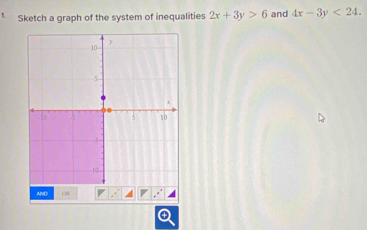 Sketch a graph of the system of inequalities 2x+3y>6 and 4x-3y<24</tex>. 
AND OR