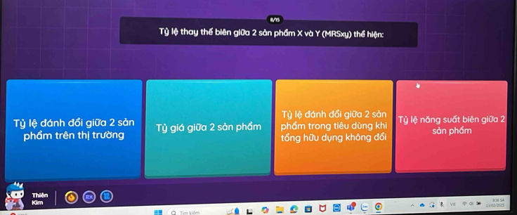 Tỷ lệ thay thể biên giữa 2 sản phầm X và Y (MRSxy) thể hiện: 
Tỷ lệ đánh đổi giữa 2 sản 
Tỷ lệ đánh đổi giữa 2 sản Tỷ giá giữa 2 sản phẩm phẩm trong tiêu dùng khi Tỷ lệ năng suất biên giữa 2
phẩm trên thị trường tổng hữu dụng không đổi sản phẩm 
13/02/2025