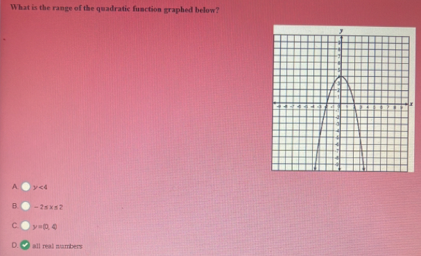 What is the range of the quadratic function graphed below?
A. y<4</tex>
B. -2≤ x≤ 2
C. y=(0,4)
D. all real numbers