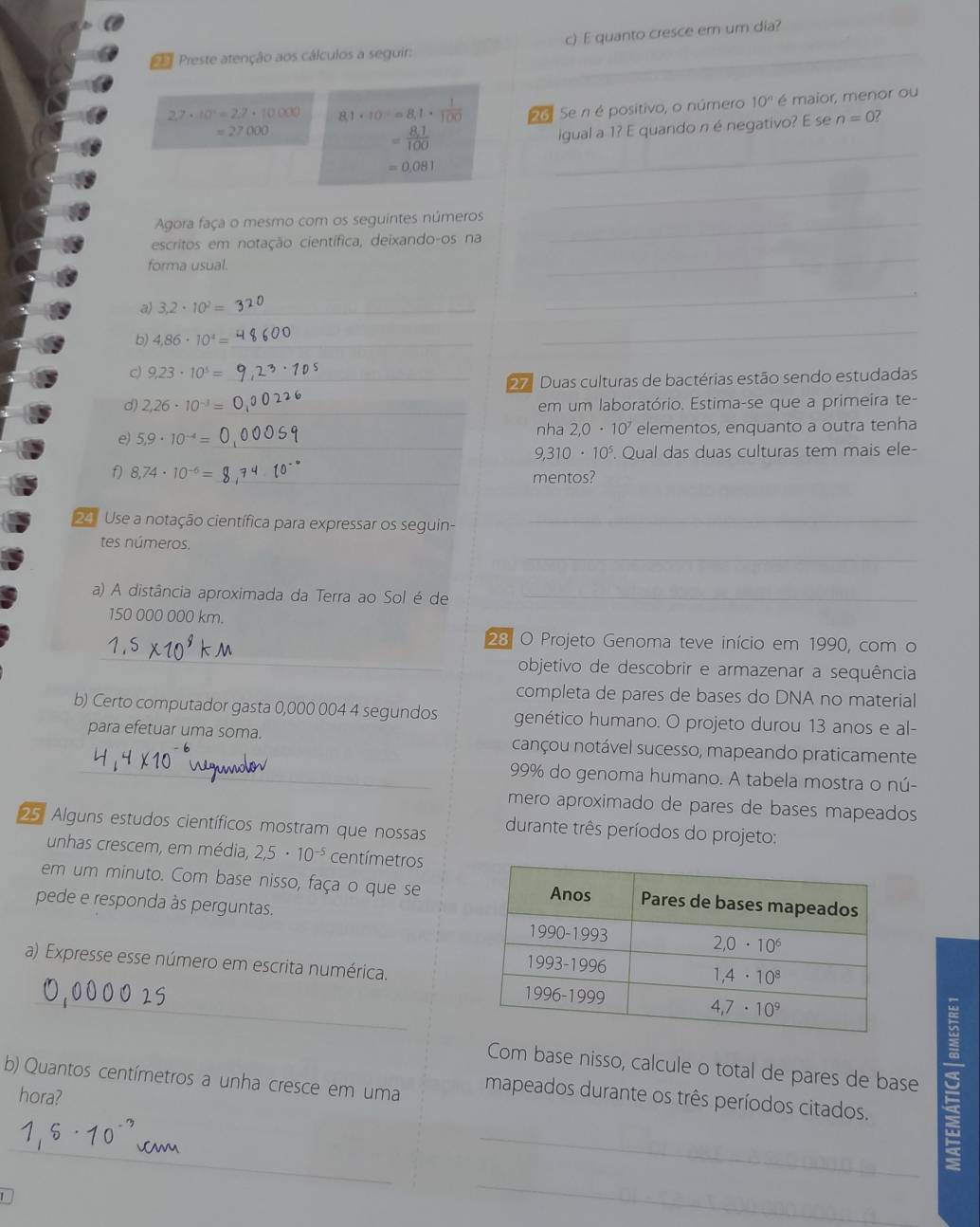 quanto cresce em um dia?
Preste atenção aos cálculos a seguir:
_
2,7· 10^n=2,7· 10000 8,1· 10==8,1·  1/100  26. Se n é positivo, o número 10^n é maior, menor ou
_
=27000 igual a 1? E quando n é negativo? E se n=0?
= (8,1)/100 
=0.081
_
Agora faça o mesmo com os seguintes números_
escritos em notação científica, deixando-os na
forma usual.
_
a) 3.2· 10^2= _
_
b) 4.86· 10^4= _
_
c) 9,23· 10^5= _
2 Duas culturas de bactérias estão sendo estudadas
d) 2,26· 10^(-3)= _em um laboratório. Estima-se que a primeira te-
nha 2,0· 10^7
e) 5,9· 10^(-4)= _elementos, enquanto a outra tenha
9,310· 10^5 Qual das duas culturas tem mais ele-
_
f 8,74· 10^(-6)=
mentos?
Use a notação científica para expressar os seguin-_
_
tes números.
a) A distância aproximada da Terra ao Sol é de_
150 000 000 km.
28. O Projeto Genoma teve início em 1990, com o
_
objetivo de descobrir e armazenar a sequência
completa de pares de bases do DNA no material
b) Certo computador gasta 0,000 004 4 segundos genético humano. O projeto durou 13 anos e al-
para efetuar uma soma. cançou notável sucesso, mapeando praticamente
_99% do genoma humano. A tabela mostra o nú-
mero aproximado de pares de bases mapeados
25. Alguns estudos científicos mostram que nossas durante três períodos do projeto:
unhas crescem, em média, 2,5· 10^(-5) centímetros
em um minuto. Com base nisso, faça o que se
pede e responda às perguntas. 
a) Expresse esse número em escrita numérica. 
_
_
_Com base nisso, calcule o total de pares de base <
b) Quantos centímetros a unha cresce em uma
hora?
mapeados durante os três períodos citados.
_
