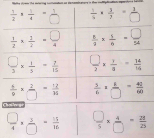 Write down the missing numerators or denominators in the multiplication equations below.
C
 □ /4 *  3/□  = 15/16 
 □ /5 *  4/□  = 28/25 