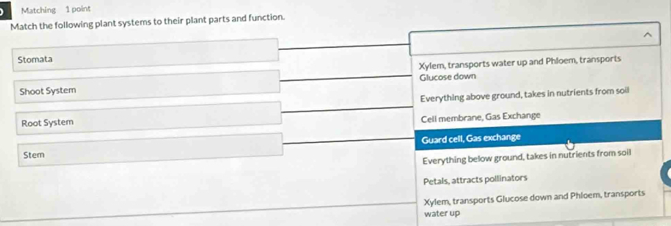 Matching 1 point
Match the following plant systems to their plant parts and function.
Stomata
Xylem, transports water up and Phloem, transports
Shoot System Glucose down
Everything above ground, takes in nutrients from soil
Root System
Cell membrane, Gas Exchange
Stem Guard cell, Gas exchange
Everything below ground, takes in nutrients from soil
Petals, attracts pollinators
Xylem, transports Glucose down and Phloem, transports
water up