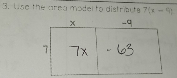 Use the area model to distribute 7(x-9).