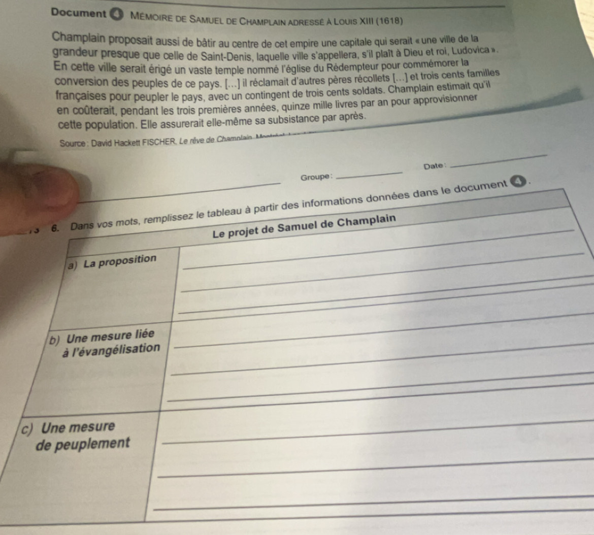 Document O Mémoire de Samuel de Champlain adressé à Louis XIII (1618) 
Champlain proposait aussi de bâtir au centre de cet empire une capitale qui serait « une ville de la 
grandeur presque que celle de Saint-Denis, laquelle ville s'appellera, s'il plaît à Dieu et roi, Ludovica». 
En cette ville serait érigé un vaste temple nommé l'église du Rédempteur pour commémorer la 
conversion des peuples de ce pays. [...) il réclamait d'autres pères récollets [...] et trois cents familles 
françaises pour peupler le pays, avec un contingent de trois cents soldats. Champlain estimait qu'il 
en coûterait, pendant les trois premières années, quinze mille livres par an pour approvisionner 
cette population. Elle assurerait elle-même sa subsistance par après. 
Source : David Hackett FISCHER, Le rêve de Chamnlain 
Groupe : _Date : 
_