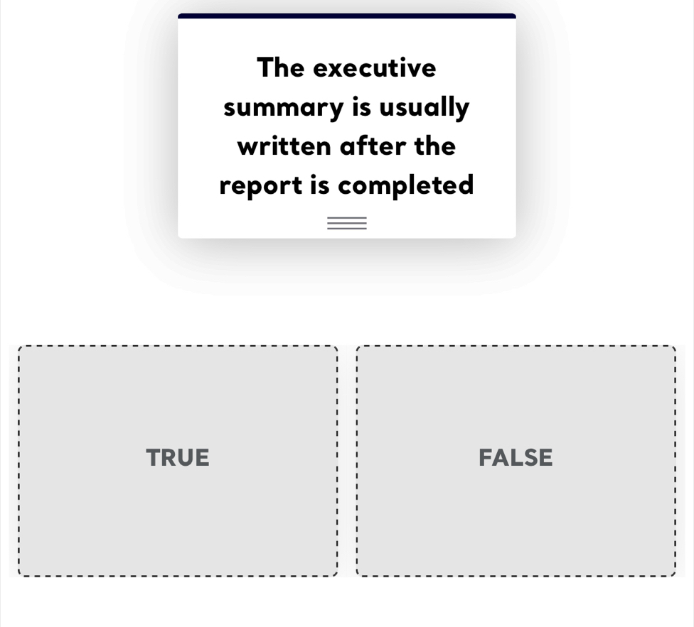 The executive
summary is usually
written after the
report is completed
=
TRUE FALSE