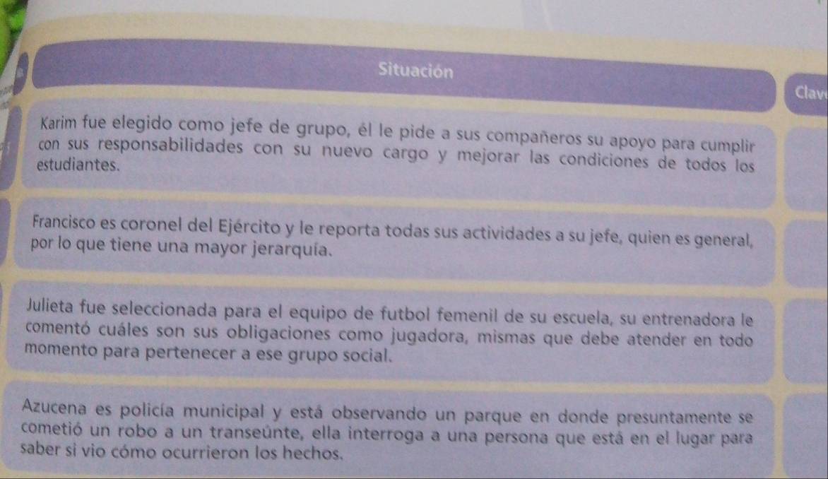 Situación Clav 
Karim fue elegido como jefe de grupo, él le pide a sus compañeros su apoyo para cumplir 
con sus responsabilidades con su nuevo cargo y mejorar las condiciones de todos los 
estudiantes. 
Francisco es coronel del Ejército y le reporta todas sus actividades a su jefe, quien es general, 
por lo que tiene una mayor jerarquía. 
Julieta fue seleccionada para el equipo de futbol femenil de su escuela, su entrenadora le 
comentó cuáles son sus obligaciones como jugadora, mismas que debe atender en todo 
momento para pertenecer a ese grupo social. 
Azucena es policía municipal y está observando un parque en donde presuntamente se 
cometió un robo a un transeúnte, ella interroga a una persona que está en el lugar para 
saber si vio cómo ocurrieron los hechos.