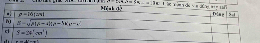 các cạnh a=6m,b=8m,c=10m
r=4(cm)