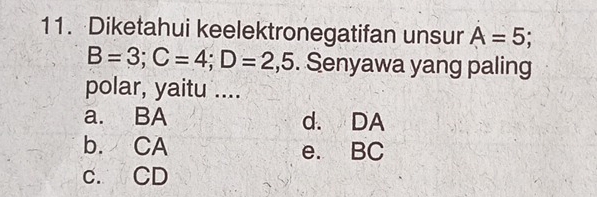 Diketahui keelektronegatifan unsur A=5;
B=3; C=4; D=2,5. Senyawa yang paling
polar, yaitu ....
a. BA d. DA
b. CA e. BC
c. CD