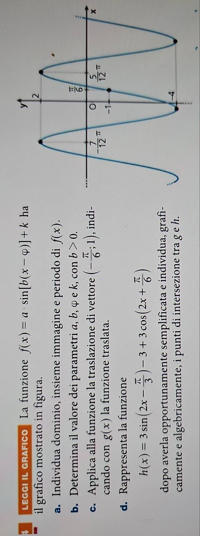 leggi il grafico  La funzione f(x)=a· sin [b(x-varphi )]+k ha
il grafico mostrato in figura.
a. Individua dominio, insieme immagine e periodo di f(x).
b. Determina il valore dei parametri a, b, φ e k, con b>0.
c. Applica alla funzione la traslazione di vettore (- π /6 ;1) , indi-
cando con g(x) la funzione traslata.
d. Rappresenta la funzione
h(x)=3sin (2x- π /3 )-3+3cos (2x+ π /6 )
dopo averla opportunamente semplificata e individua, grafi-
camente e algebricamente, i punti di intersezione tra g e h.