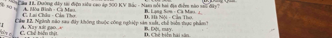 Cầu 11. Đường dây tải điện siêu cao áp 500 KV Bắc - Nam nổi hai địa điểm nào sau đây? D Đang Qun
% so w A. Hòa Bình - Cà Mau. B. Lạng Sơn - Cà Mau.
C. Lai Châu - Cần Thơ. D. Hà Nội - Cần Thơ.
Câu 12. Ngành nào sau đây không thuộc công nghiệp sản xuất, chế biến thực phẩm?
I A. Xay xát gạo.x B. Dệt, may.
hàn ti C. Chế biển thịt. D. Chế biển hải sản.