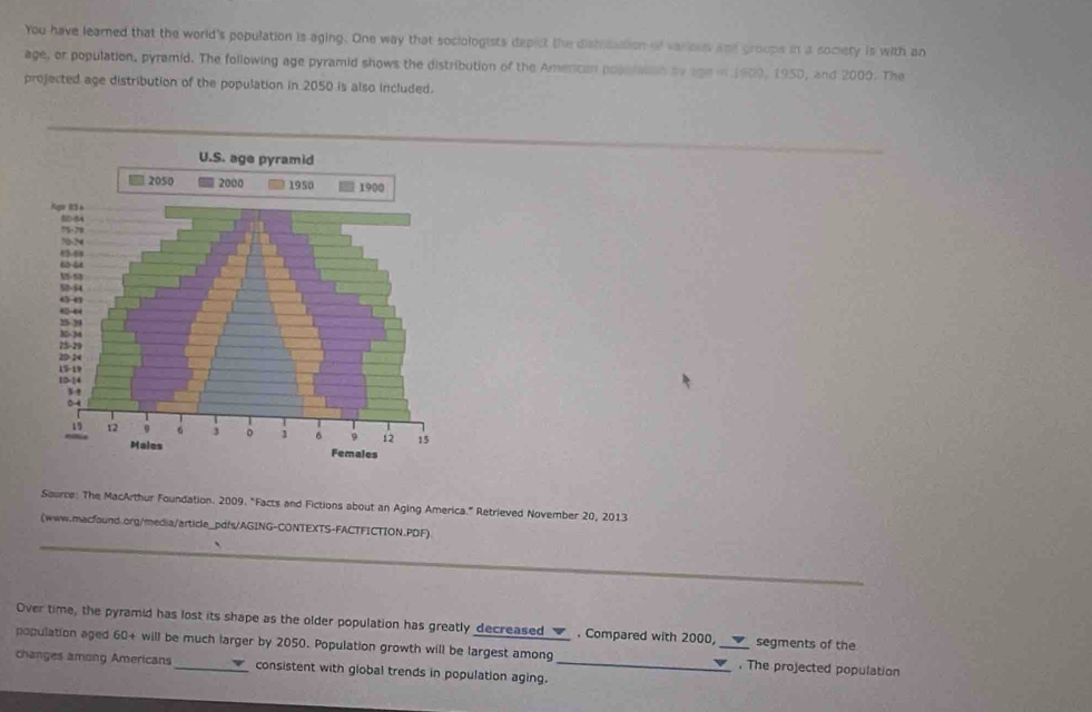 You have learned that the world's population is aging. One way that sociologists depict the disiisasion of various and groups in a society is with an 
age, or population, pyramid. The following age pyramid shows the distribution of the Amencan poleration by age in 1909, 1950, , and 2000. The 
projected age distribution of the population in 2050 is also included. 
Source: The MacArthur Foundation. 2009. "Facts and Fictions about an Aging America.” Retrieved November 20, 2013 
_ 
(www.macfound.org/media/article_pdfs/AGING-CONTEXTS-FACTFICTION.PDF) 
Over time, the pyramid has lost its shape as the older population has greatly decreased . Compared with 2000 segments of the 
population aged 60 + will be much larger by 2050. Population growth will be largest among _. The projected population 
changes among Americans _consistent with global trends in population aging._