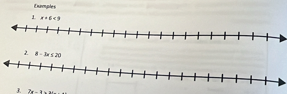 Examples 
1. x+6<9</tex> 
2. 8-3x≤ 20
3. 7x-3>34