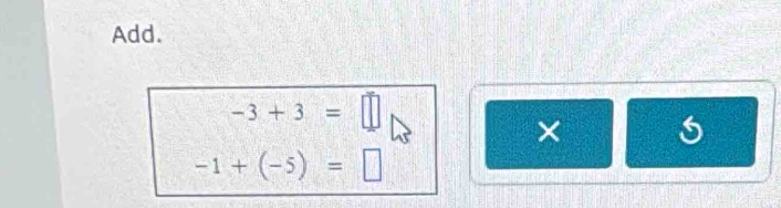 Add.
-3+3=□
× 6
-1+(-5)=□