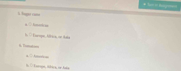 Tur = Assignment
5. Sugar cane
a. ○ Amerícas
b. ○ Europe, Africa, or Asia
6. Tomatoes
a. ○ Americas
b. ○ Europe, Africa, or Asia