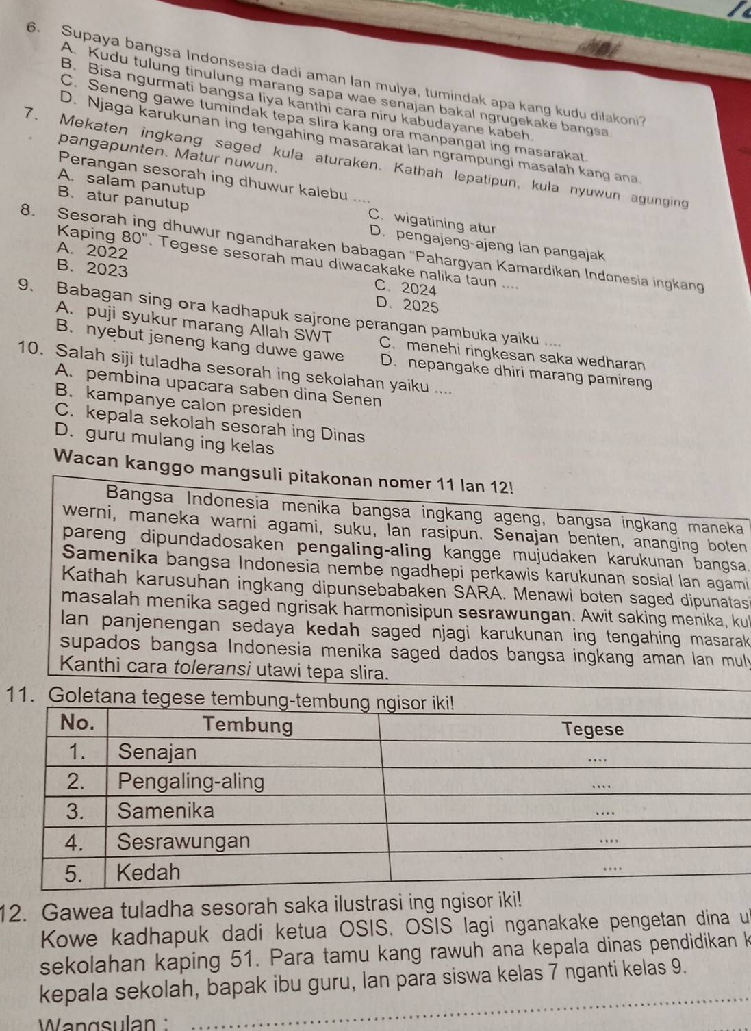 Supaya bangsa Indonsesia dadi aman lan mulya, tumindak apa kang kudu dilakoni
A. Kudu tulung tinulung marang sapa wae senajan bakal ngrugekake bangsa
B. Bisa ngurmati bangsa liya kanthi cara niru kabudayane kabeh
C. Seneng gawe tumindak tepa slira kang ora manpangat ing masarakat
D. Njaga karukunan ing tengahing masarakat lan ngrampungi masalah kang ana
pangapunten. Matur nuwun.
7. Mekaten ingkang saged kula aturaken. Kathah lepatipun, kula nyuwun agunging
Perangan sesorah ing dhuwur kalebu ....
A. salam panutup C. wigatining atur
B. atur panutup D. pengajeng-ajeng lan pangajak
8. Sesorah ing dhuwur ngandharaken babagan 'Pahargyan Kamardikan Indonesia ingkang
Kaping 80'' Tegese sesorah mau diwacakake nalika taun ....
A. 2022 C. 2024
B. 2023 D. 2025
9. Babagan sing ora kadhapuk sajrone perangan pambuka yaiku ....
A. puji syukur marang Allah SWT C. menehi ringkesan saka wedharan
B. nyebut jeneng kang duwe gawe D. nepangake dhiri marang pamireng
10. Salah siji tuladha sesorah ing sekolahan yaiku ....
A. pembina upacara saben dina Senen
B. kampanye calon presiden
C. kepala sekolah sesorah ing Dinas
D. guru mulang ing kelas
Wacan kanggo mangsuli pitakonan nomer 11 lan 12!
Bangsa Indonesia menika bangsa ingkang ageng, bangsa ingkang maneka
werni, maneka warni agami, suku, Ian rasipun. Senajan benten, ananging boten
pareng dipundadosaken pengaling-aling kangge mujudaken karukunan bangsa.
Samenika bangsa Indonesia nembe ngadhepi perkawis karukunan sosial lan agami
Kathah karusuhan ingkang dipunsebabaken SARA. Menawi boten saged dipunatas
masalah menika saged ngrisak harmonisipun sesrawungan. Awit saking menika, kul
lan panjenengan sedaya kedah saged njagi karukunan ing tengahing masarak
supados bangsa Indonesia menika saged dados bangsa ingkang aman lan muly
Kanthi cara toleransi utawi tepa slira.
12. Gawea tuladha sesorah saka ilustrasi ing ngisor iki!
Kowe kadhapuk dadi ketua OSIS. OSIS lagi nganakake pengetan dina u
sekolahan kaping 51. Para tamu kang rawuh ana kepala dinas pendidikan k
kepala sekolah, bapak ibu guru, lan para siswa kelas 7 nganti kelas 9.
Wangsulan :