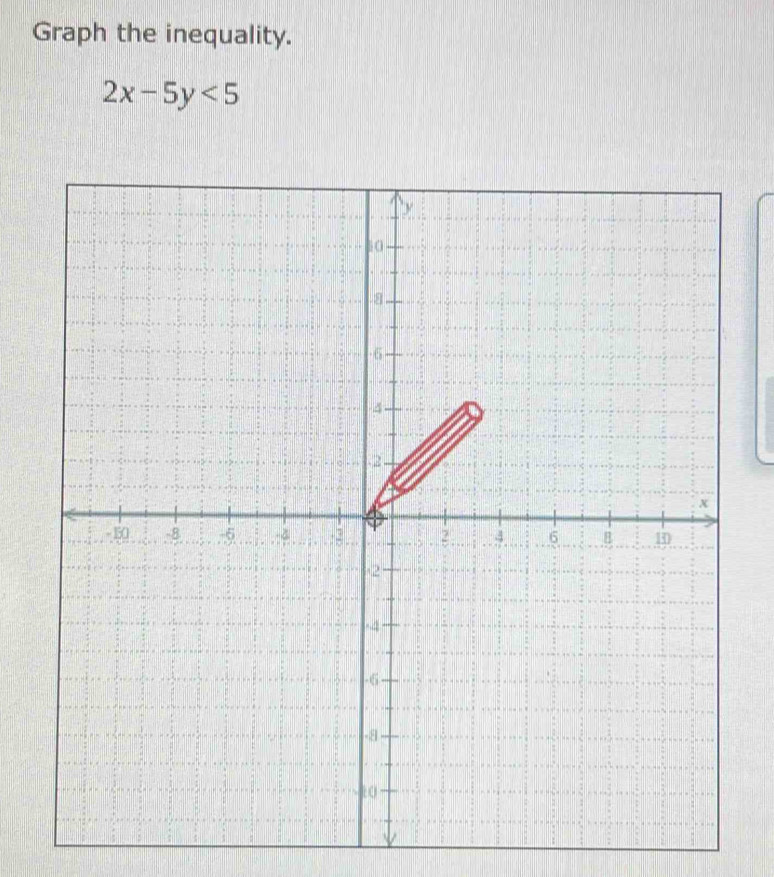 Graph the inequality.
2x-5y<5</tex>