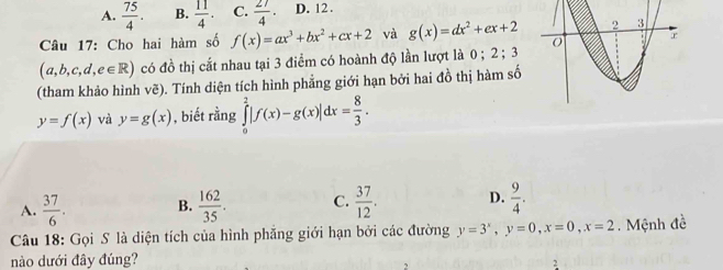 A.  75/4 . B.  11/4 . C.  27/4 · D. 12.
Câu 17: Cho hai hàm số f(x)=ax^3+bx^2+cx+2 và g(x)=dx^2+ex+2
(a,b,c,d,e∈ R) có đồ thị cắt nhau tại 3 điểm có hoành độ lần lượt là 0; 2; 3
(tham khảo hình vẽ). Tính diện tích hình phẳng giới hạn bởi hai đồ thị hàm số
y=f(x) và y=g(x) , biết rằng ∈tlimits _0^(2|f(x)-g(x)|dx=frac 8)3.
A.  37/6 . B.  162/35 . C.  37/12 . D.  9/4 . 
Câu 18: Gọi S là diện tích của hình phẳng giới hạn bởi các đường y=3^x, y=0, x=0, x=2. Mệnh đề
nào dưới đây đúng?
2