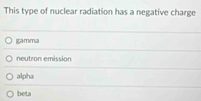 This type of nuclear radiation has a negative charge
gamma
neutron emission
alpha
beta