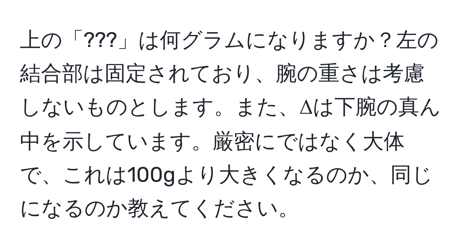 上の「???」は何グラムになりますか？左の結合部は固定されており、腕の重さは考慮しないものとします。また、Δは下腕の真ん中を示しています。厳密にではなく大体で、これは100gより大きくなるのか、同じになるのか教えてください。