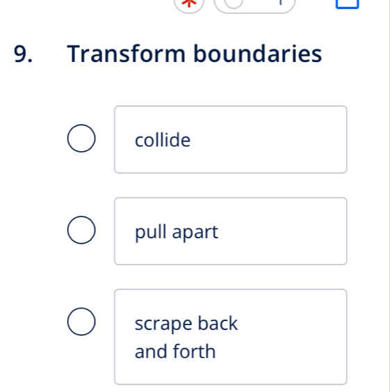 Transform boundaries
collide
pull apart
scrape back
and forth