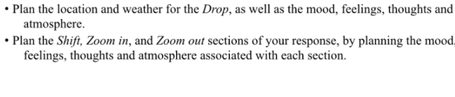 Plan the location and weather for the Drop, as well as the mood, feelings, thoughts and 
atmosphere. 
Plan the Shift, Zoom in, and Zoom out sections of your response, by planning the mood 
feelings, thoughts and atmosphere associated with each section.