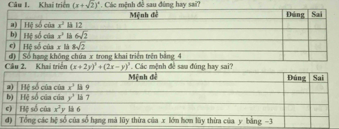 Khai triển (x+sqrt(2))^4. Các mệnh đề sau đúng hay sai?