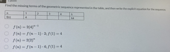 Find the missing terms of the geometric sequence represented in the table, and then write the explicit equation for the sequence.
f(n)=2(4)^n-1
f(n)=f(n-1)· 2;f(1)=4
f(n)=2(2)^n
f(n)=f(n-1)· 4;f(1)=4