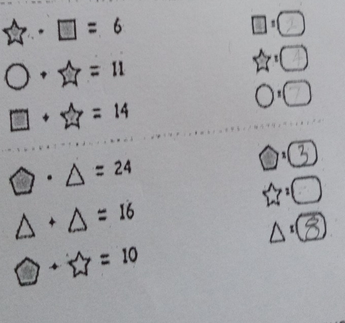 widehat 2-□ =6° )
bigcirc + wedge /2 =11
☆:□ 
○)□
□ +sumlimits 7=14
□ · △ =24
:3
sumlimits^(wedge)>□
△ +△ =16
△:⑧
□ +widehat 27=10