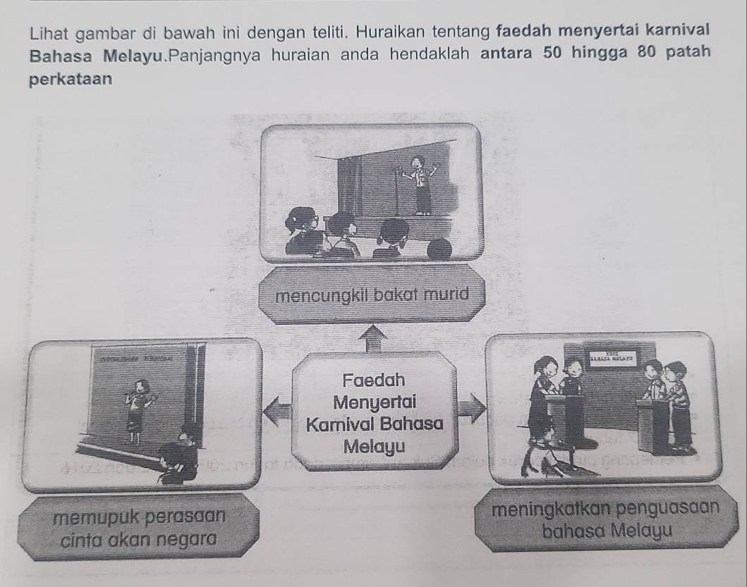 Lihat gambar di bawah ini dengan teliti. Huraikan tentang faedah menyertai karnival 
Bahasa Melayu.Panjangnya huraian anda hendaklah antara 50 hingga 80 patah 
perkataan