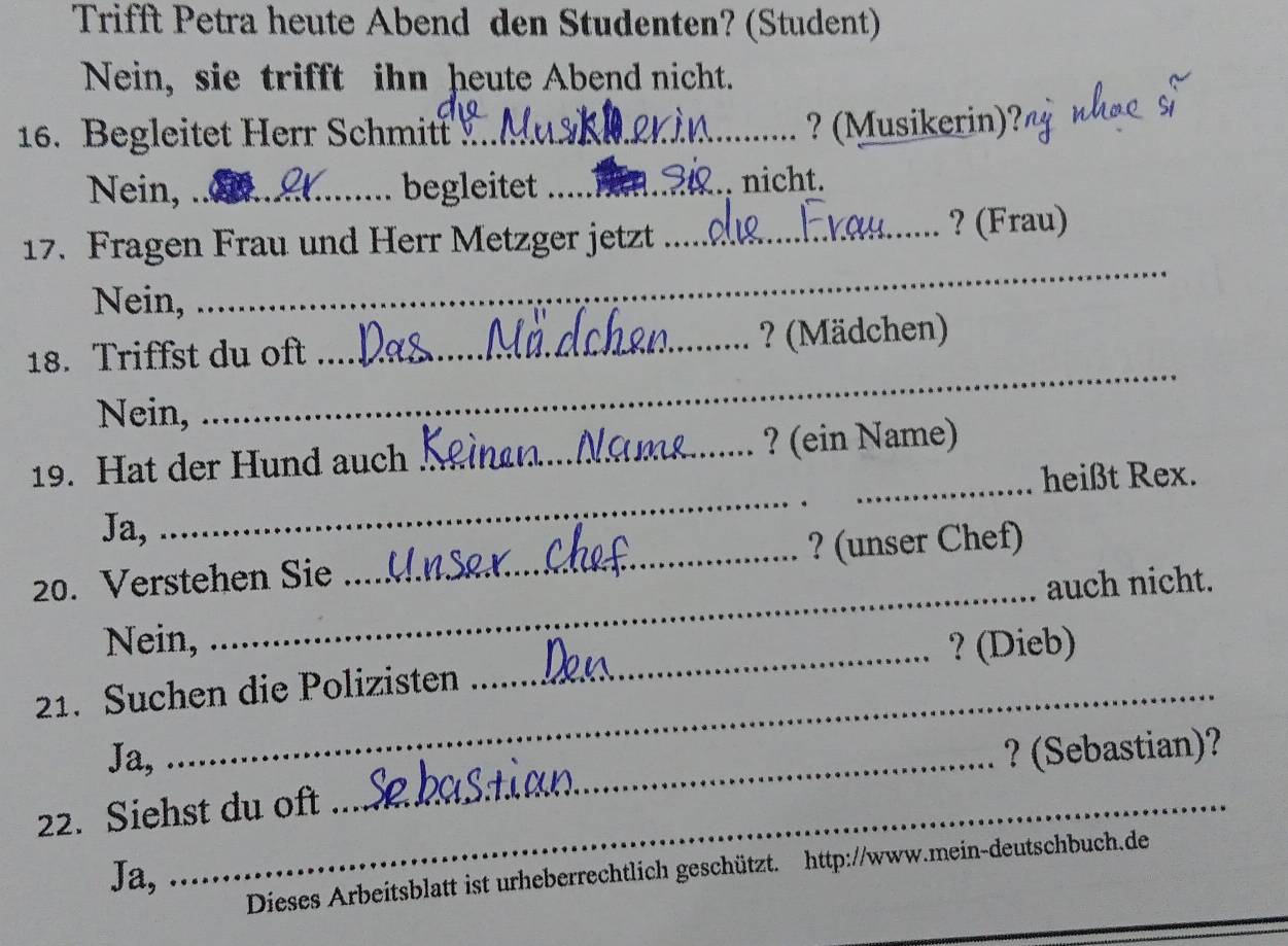 Trifft Petra heute Abend den Studenten? (Student) 
Nein, sie trifft ihn heute Abend nicht. 
16. Begleitet Herr Schmitt_ 
? (Musikerin)? 
Nein, _begleitet _. nicht. 
17. Fragen Frau und Herr Metzger jetzt _? (Frau) 
Nein, 
_ 
18. Triffst du oft _? (Mädchen) 
Nein, 
_ 
19. Hat der Hund auch _? (ein Name) 
heißt Rex. 
Ja, 
_ 
_ 
20. Verstehen Sie _? (unser Chef) 
auch nicht. 
Nein, 
_ 
_ 
21. Suchen die Polizisten _? (Dieb) 
Ja, ? (Sebastian)? 
22. Siehst du oft 
_ 
Ja, 
Dieses Arbeitsblatt ist urheberrechtlich geschützt. http://www.mein-deutschbuch.de