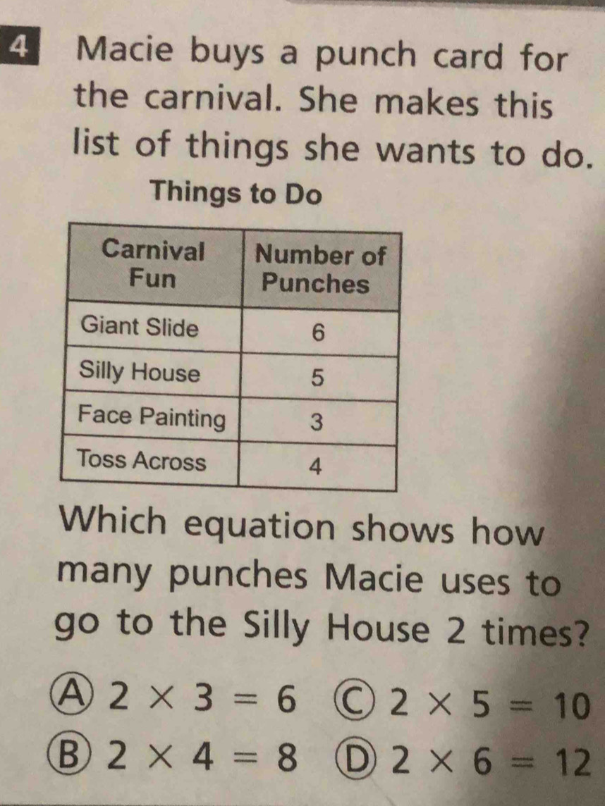 Macie buys a punch card for
the carnival. She makes this
list of things she wants to do.
Things to Do
Which equation shows how
many punches Macie uses to
go to the Silly House 2 times?
Ⓐ 2* 3=6 C 2* 5=10
B 2* 4=8 D 2* 6=12