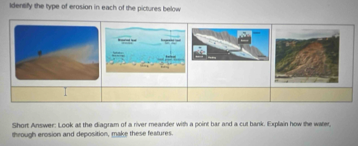 Identify the type of erosion in each of the pictures below 
Short Answer: Look at the diagram of a river meander with a point bar and a cut bank. Explain how the water, 
through erosion and deposition, make these features.