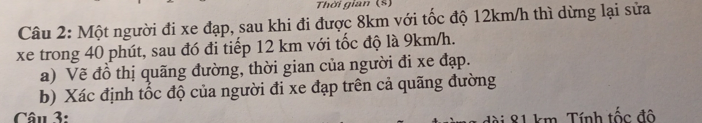 Thời gian (s) 
Câu 2: Một người đi xe đạp, sau khi đi được 8km với tốc độ 12km/h thì dừng lại sửa 
xe trong 40 phút, sau đó đi tiếp 12 km với tốc độ là 9km/h. 
a) Vẽ đồ thị quãng đường, thời gian của người đi xe đạp. 
b) Xác định tốc độ của người đi xe đạp trên cả quãng đường 
Câu 3: 
dài 81 km. Tính tốc đô