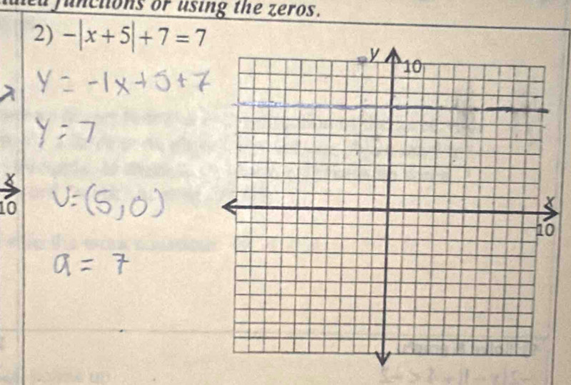 a functions or using the zeros. 
2) -|x+5|+7=7
10